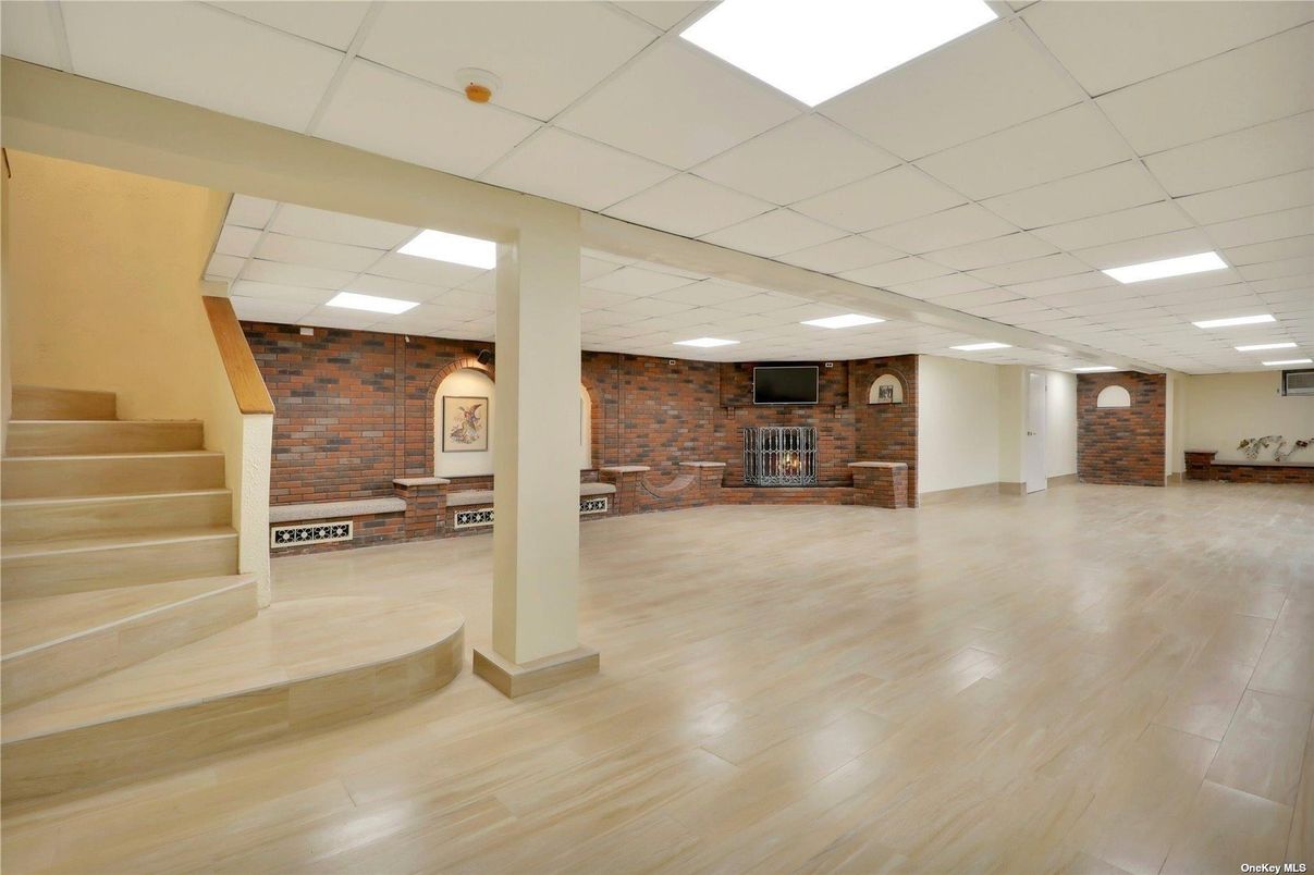 Fireplace, Interior, Recessed Lighting, Stone Walls, Wood Texture Flooring