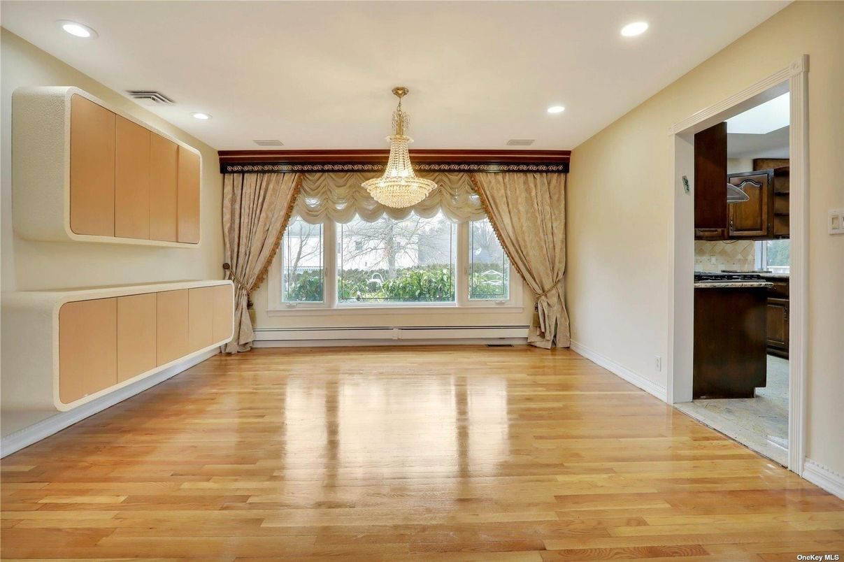 Chandelier, Empty room, Interior, Recessed Lighting, Wood Texture Flooring
