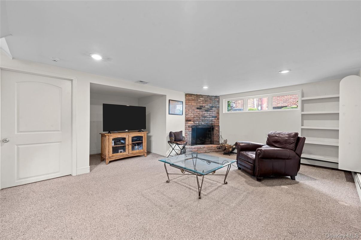 Fireplace, Interior, Living room, Recessed Lighting, Stone Walls