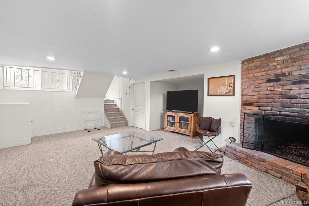 Fireplace, Interior, Living room, Recessed Lighting, Stone Walls
