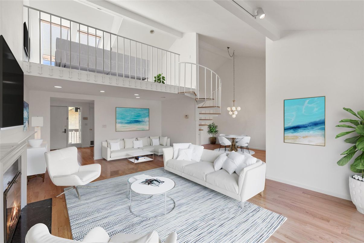 Dining room, Interior, Living room, Pendant Lights, Recessed Lighting, Wood Texture Flooring