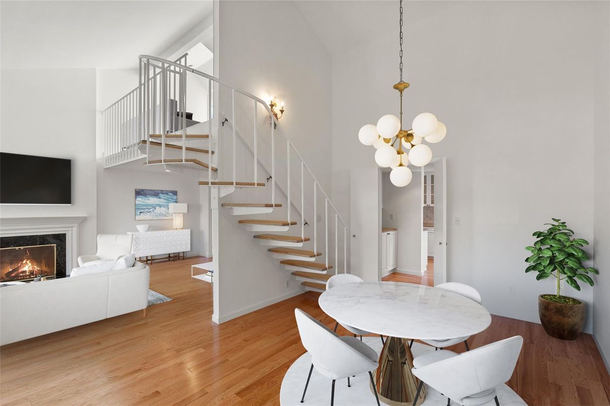 Dining room, Fireplace, Interior, Pendant Lights, Wood Texture Flooring