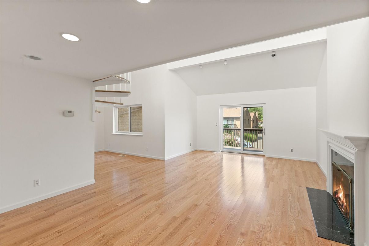 Empty room, Fireplace, Interior, Recessed Lighting, Wood Texture Flooring