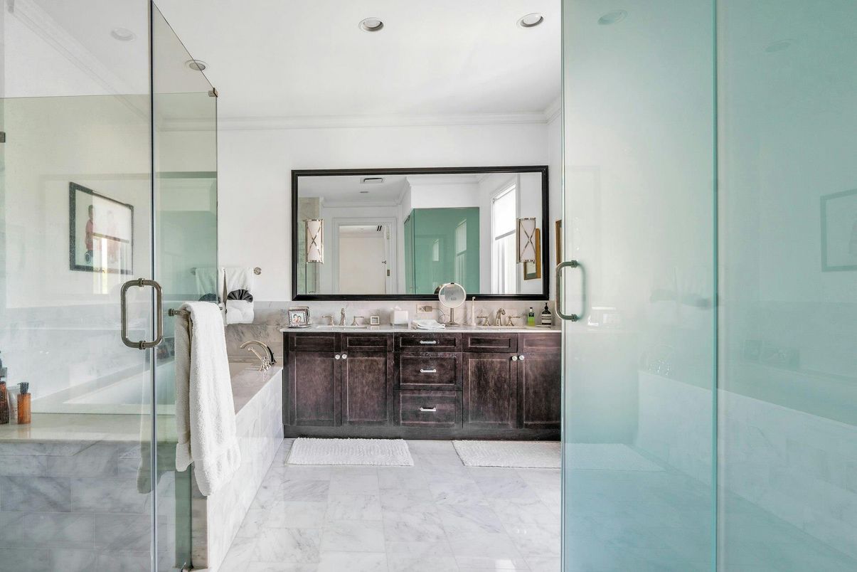Bathroom, Dual Sink Vanities, Glass Shower, Interior, Marble, Recessed Lighting