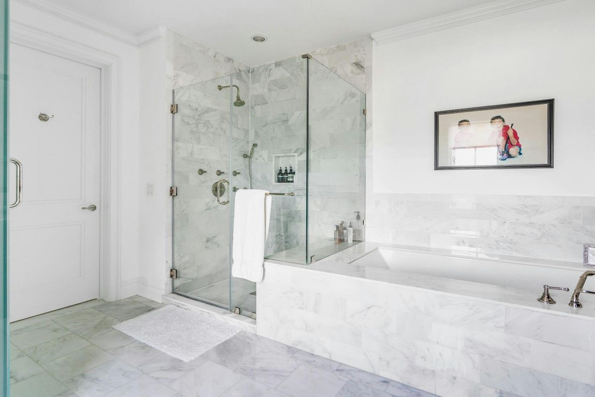 Bathroom, Glass Shower, Interior, Marble, Marble Walls, Recessed Lighting