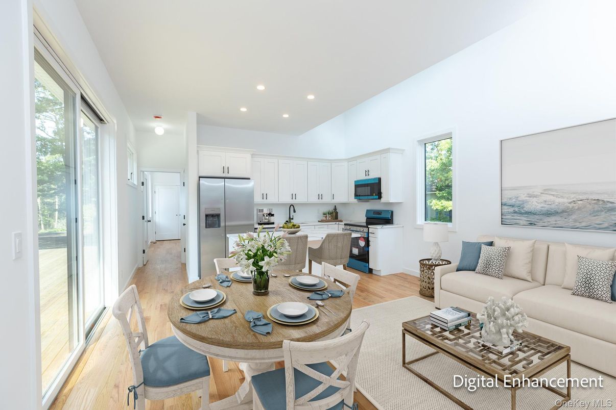 Dining room, Interior, Kitchen, Living room, Recessed Lighting, Stainless Steel Appliances, Wood Texture Flooring