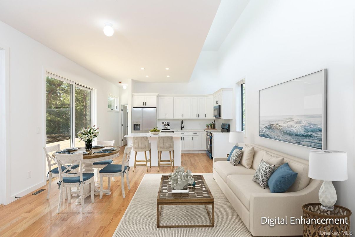 Dining room, Interior, Kitchen, Living room, Recessed Lighting, Stainless Steel Appliances, Wood Texture Flooring