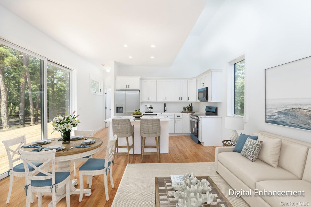 Dining room, Interior, Kitchen, Living room, Recessed Lighting, Stainless Steel Appliances, Wood Texture Flooring
