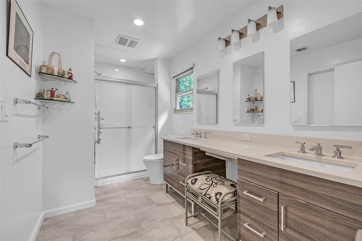 Bathroom, Dual Sink Vanities, Glass Shower, Interior, Recessed Lighting