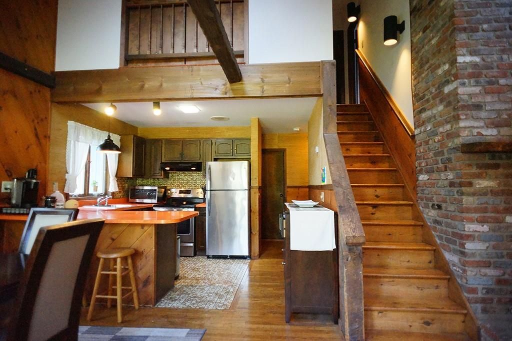 Interior, Kitchen, Stainless Steel Appliances, Stone Walls, Wood Texture Flooring