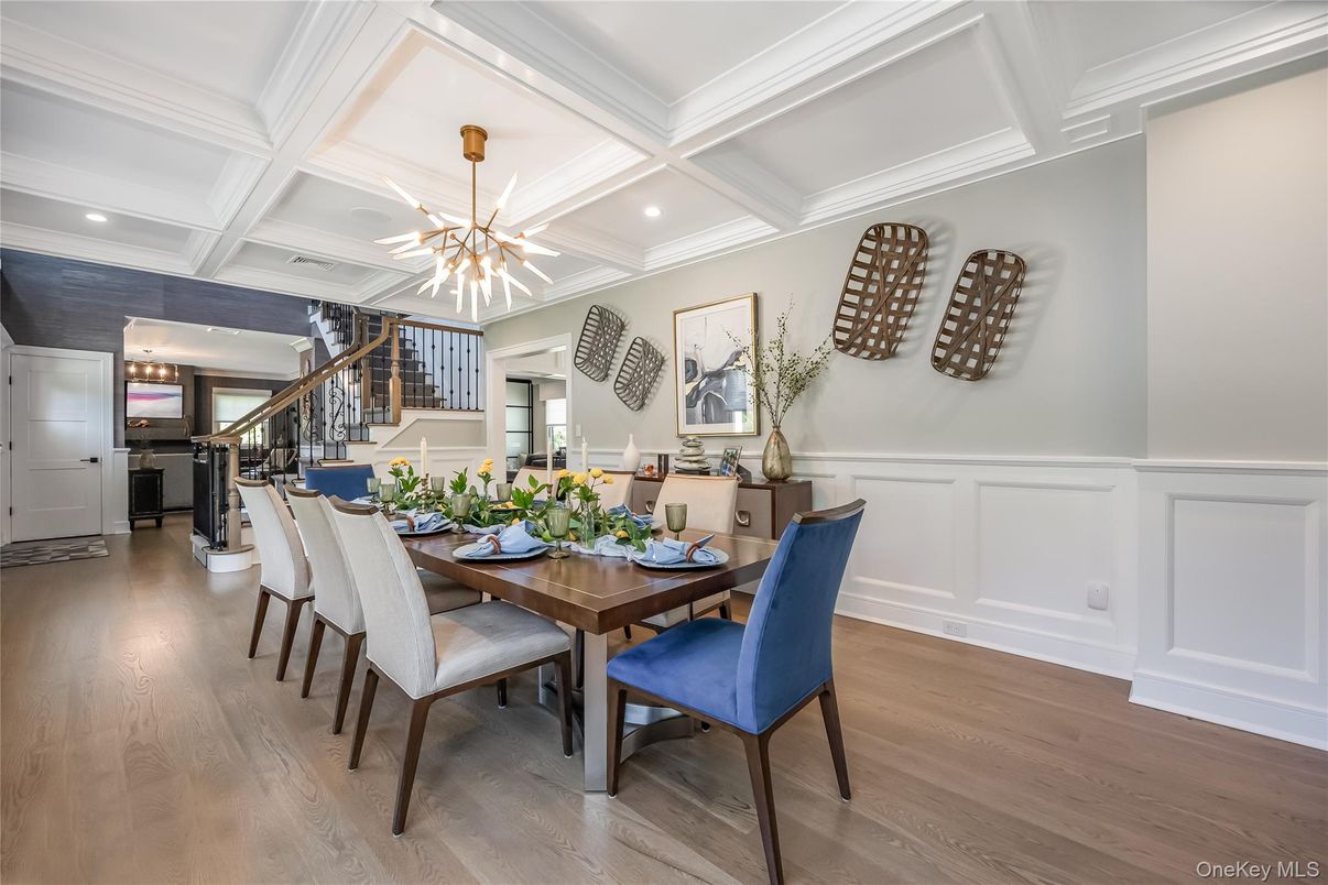 Dining room, Interior, Pendant Lights, Recessed Lighting, Wood Texture Flooring