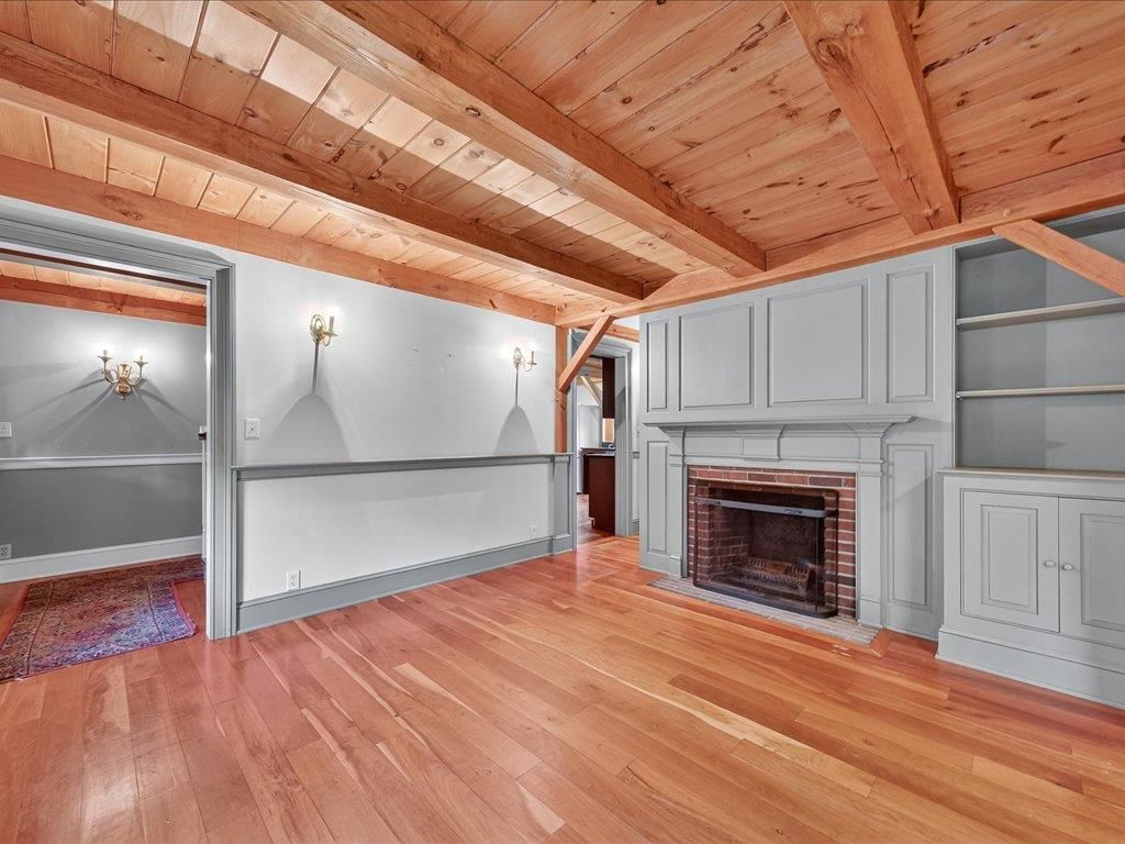 Empty room, Fireplace, Interior, Wooden Beams, Wooden Ceilings, Wood Texture Flooring