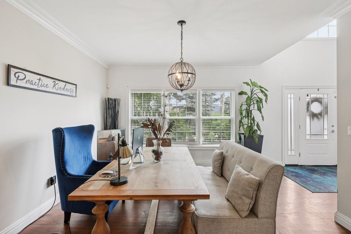 Dining room, Interior, Living room, Pendant Lights, Wood Texture Flooring