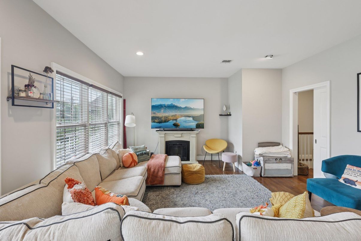 Fireplace, Interior, Living room, Recessed Lighting, Wood Texture Flooring
