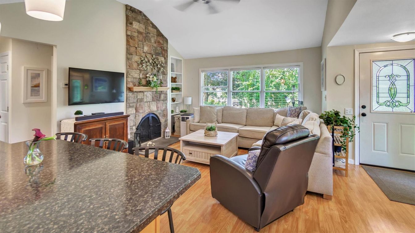 Dining room, Fireplace, Interior, Living room, Stone Walls, Wood Texture Flooring