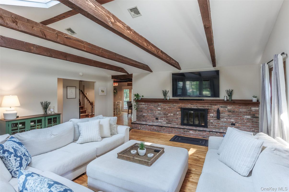 Fireplace, Interior, Living room, Stone Walls, Wooden Beams, Wood Texture Flooring