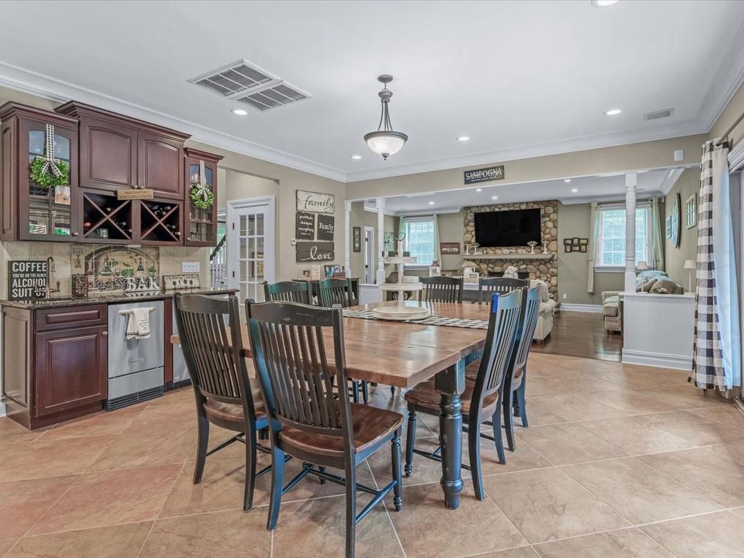 Dining room, Fireplace, Interior, Living room, Recessed Lighting