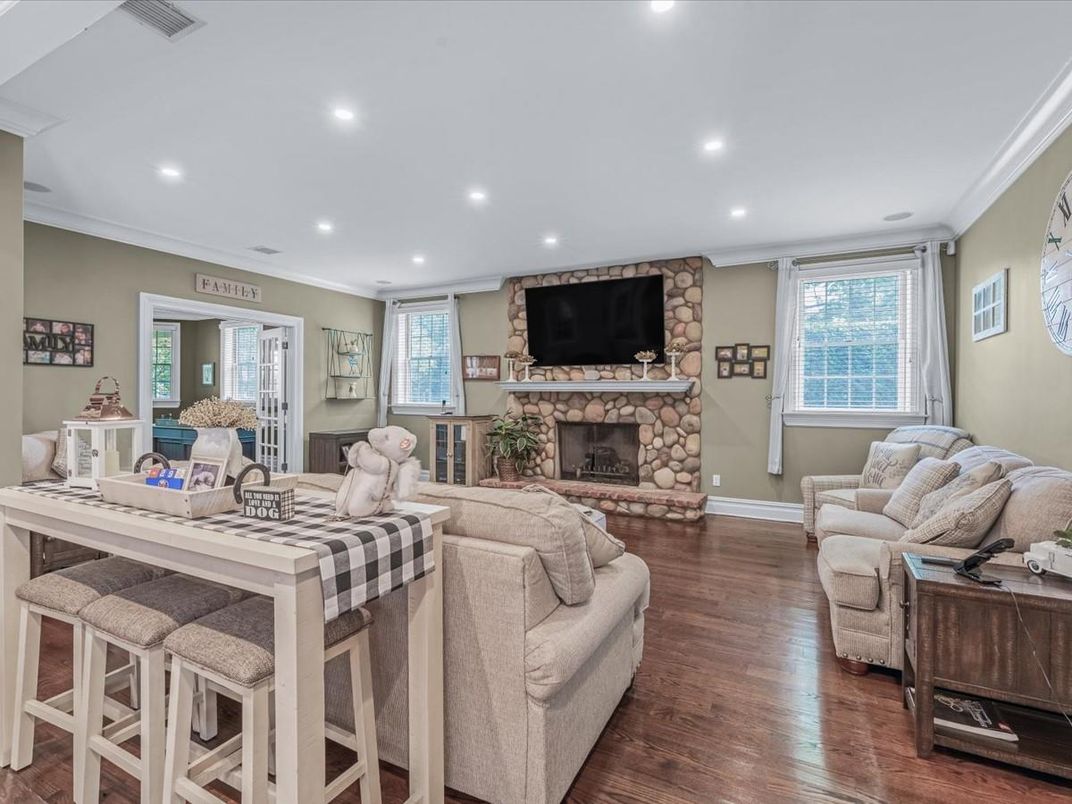 Fireplace, Interior, Living room, Recessed Lighting, Wood Texture Flooring