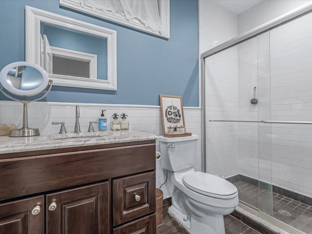 Bathroom, Glass Shower, Interior, Wood Texture Flooring