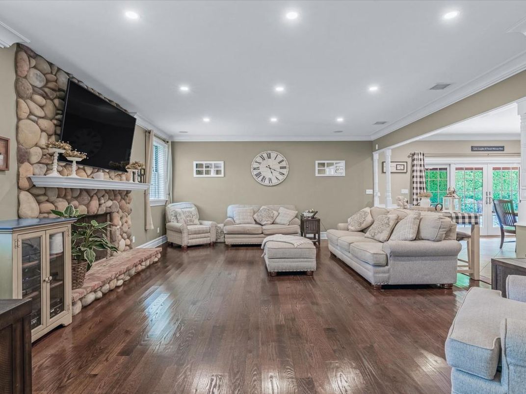 Fireplace, Interior, Living room, Recessed Lighting, Wood Texture Flooring