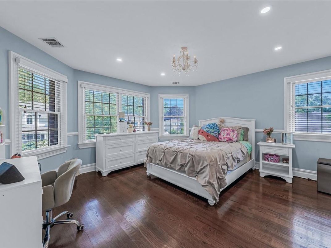Bedroom, Chandelier, Home Office, Interior, Recessed Lighting, Wood Texture Flooring