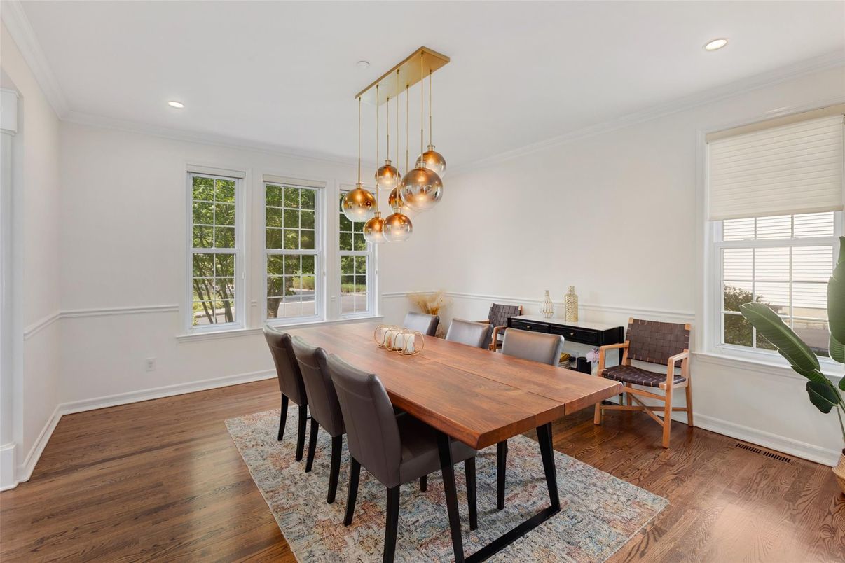 Dining room, Interior, Pendant Lights, Recessed Lighting, Wood Texture Flooring