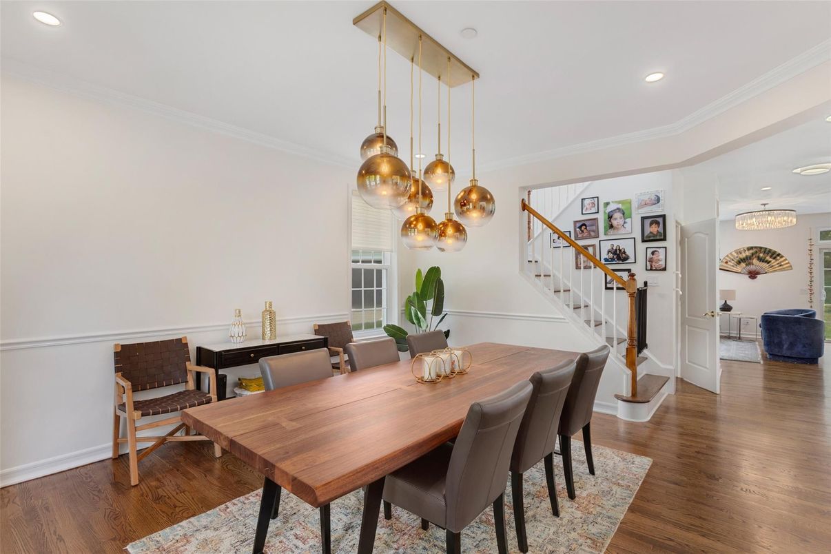 Dining room, Interior, Pendant Lights, Recessed Lighting, Wood Texture Flooring