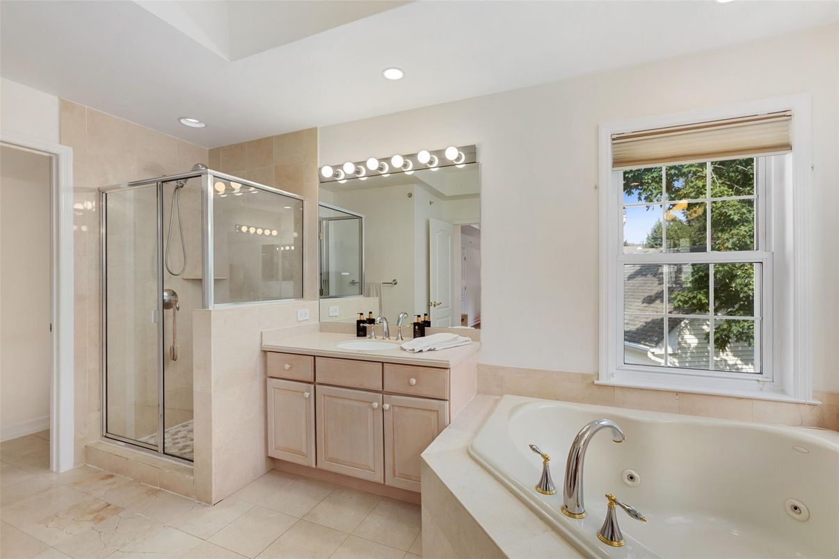 Bathroom, Dual Sink Vanities, Glass Shower, Interior, Recessed Lighting