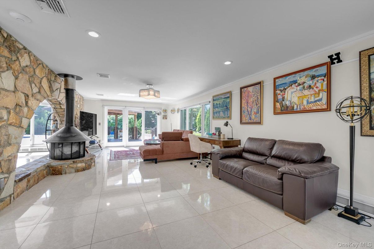 Fireplace, Interior, Living room, Recessed Lighting, Stone Walls