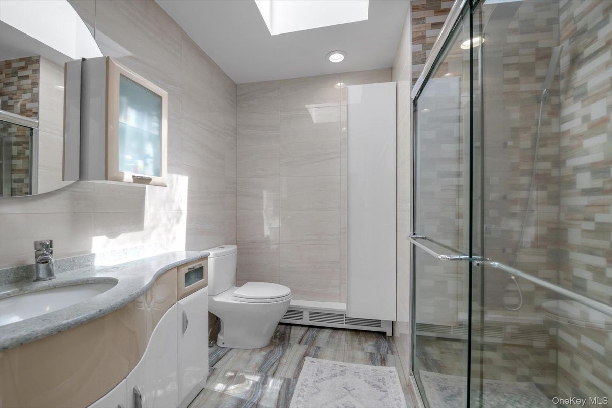 Bathroom, Glass Shower, Interior, Recessed Lighting, Wood Texture Flooring