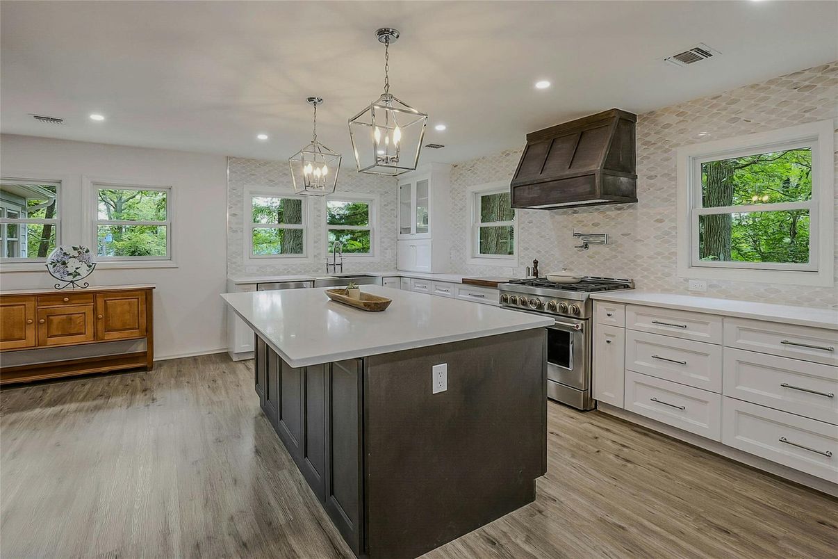 Interior, Kitchen, Pendant Lights, Recessed Lighting, Stainless Steel Appliances, Wood Texture Flooring