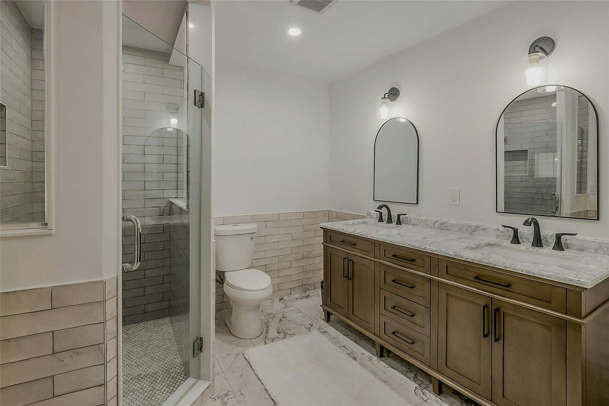 Bathroom, Dual Sink Vanities, Glass Shower, Interior, Marble, Recessed Lighting