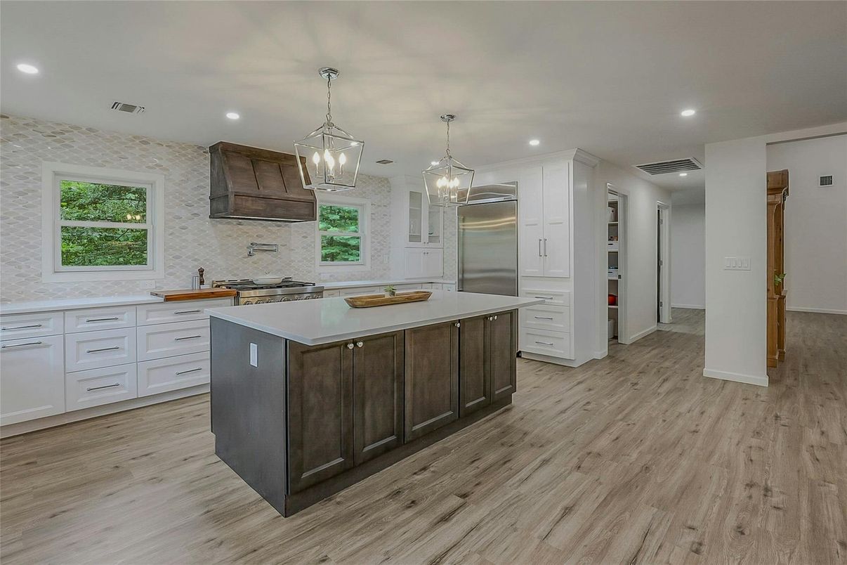 Interior, Kitchen, Pendant Lights, Recessed Lighting, Stainless Steel Appliances, Wood Texture Flooring