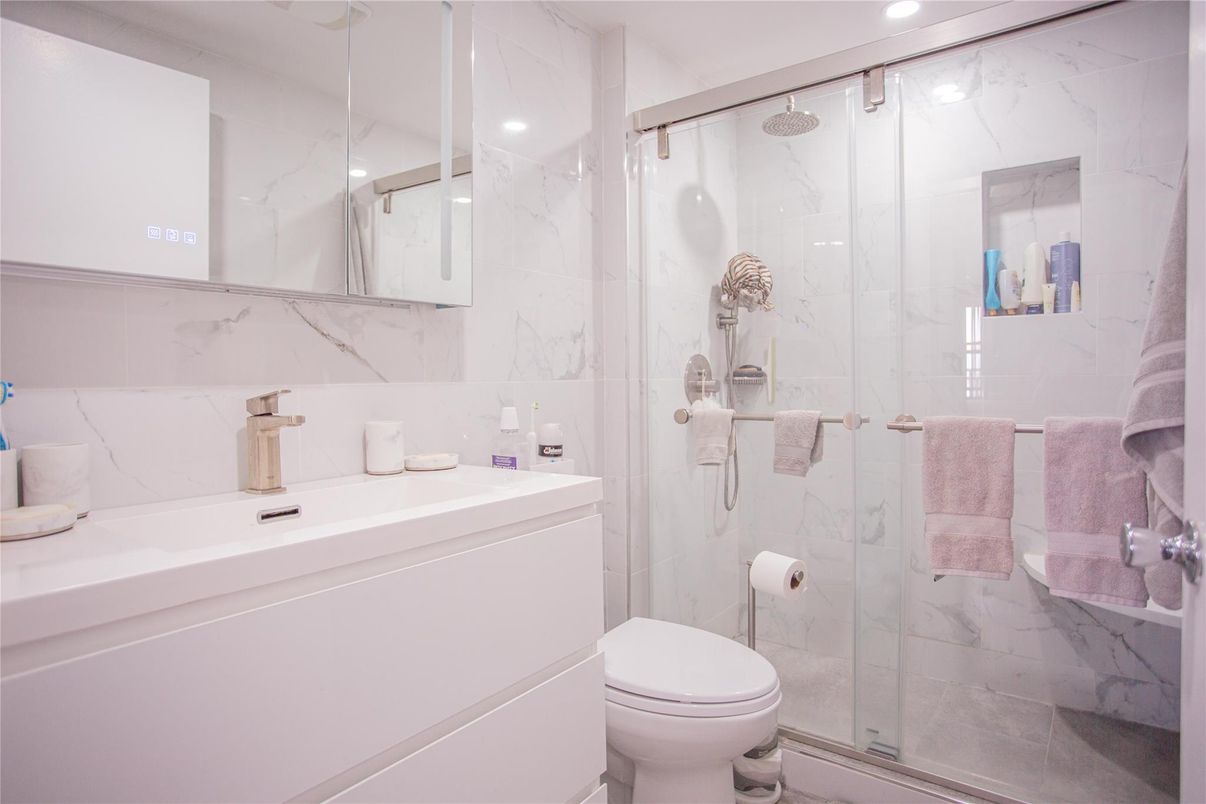 Bathroom, Glass Shower, Interior, Marble Walls, Recessed Lighting
