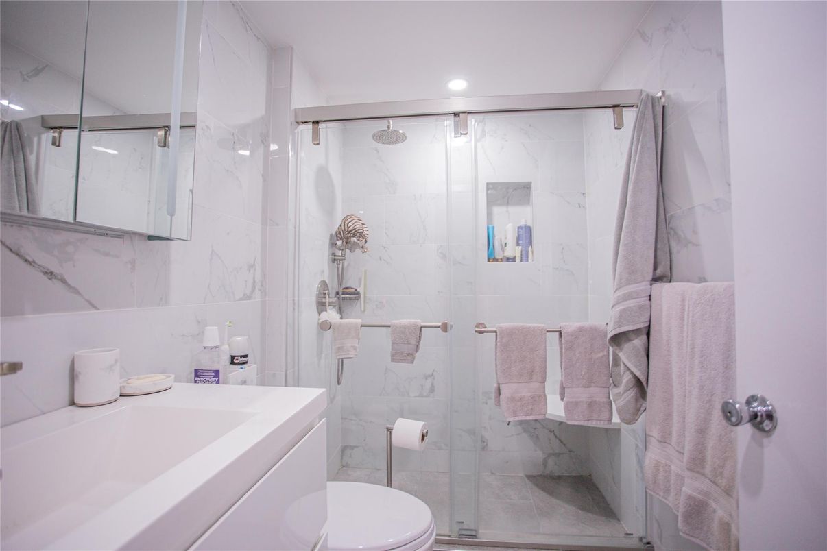 Bathroom, Glass Shower, Interior, Marble Walls, Recessed Lighting