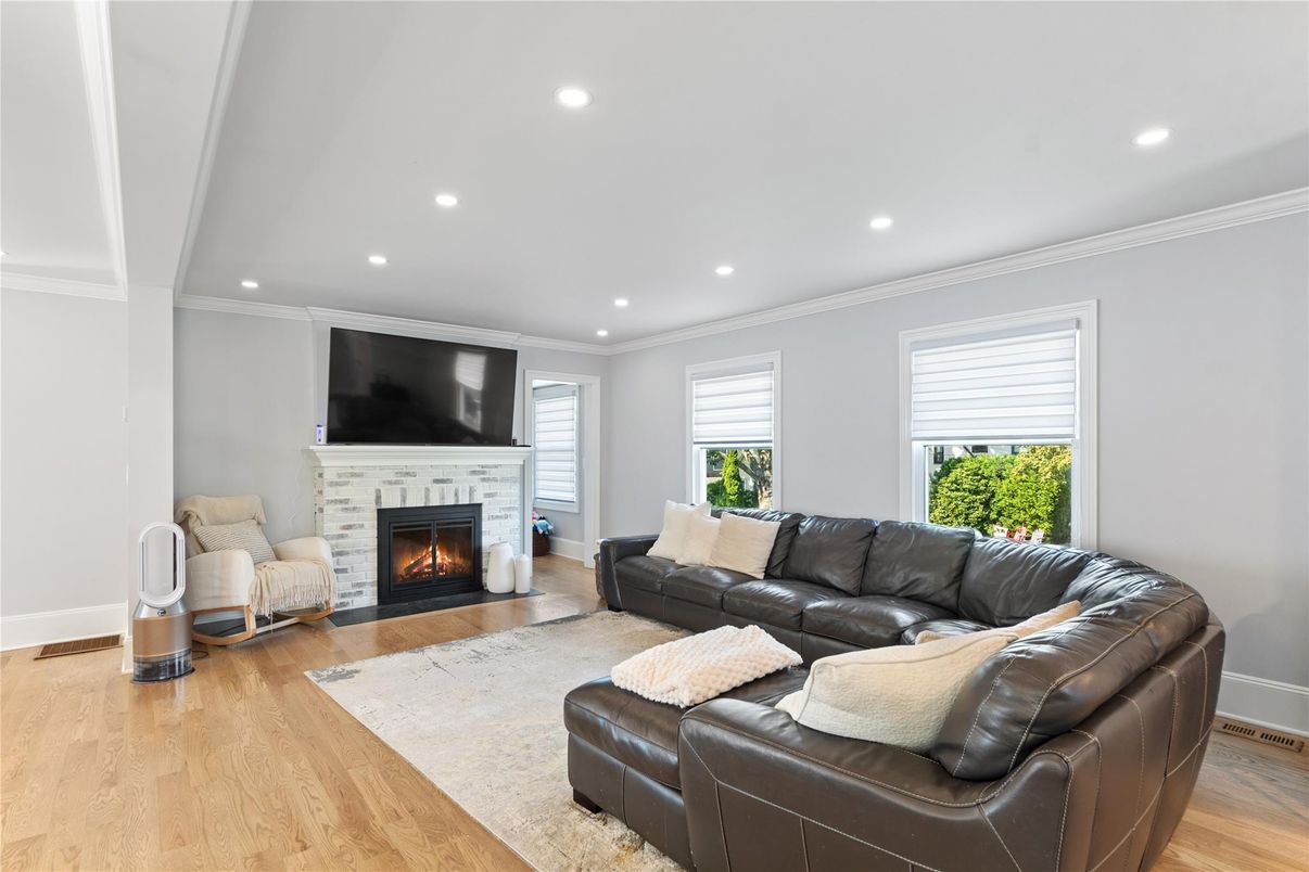 Fireplace, Interior, Living room, Recessed Lighting, Wood Texture Flooring