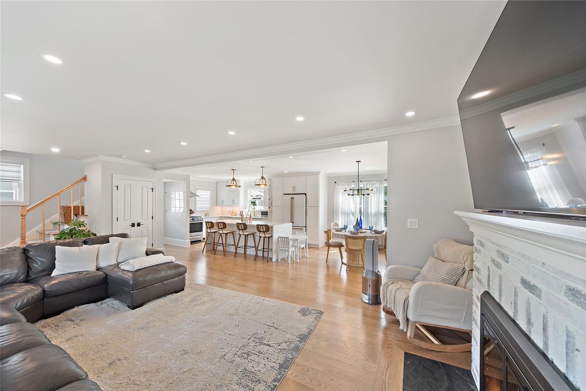 Dining room, Fireplace, Interior, Kitchen, Living room, Pendant Lights, Recessed Lighting, Wood Texture Flooring