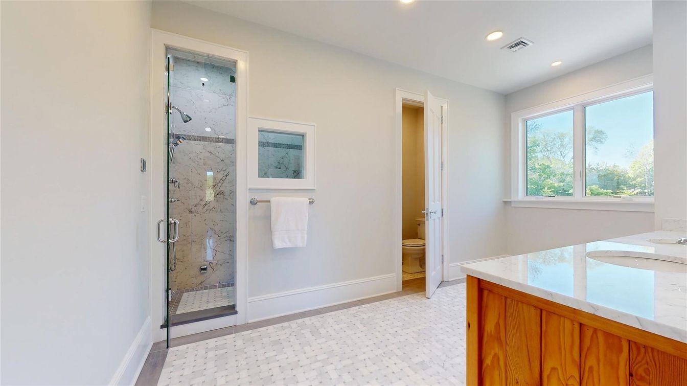 Bathroom, Glass Shower, Interior, Marble Walls, Recessed Lighting