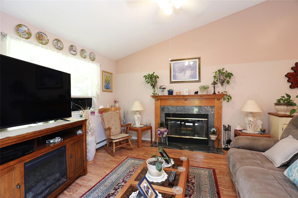 Fireplace, Interior, Living room, Pendant Lights, Wood Texture Flooring