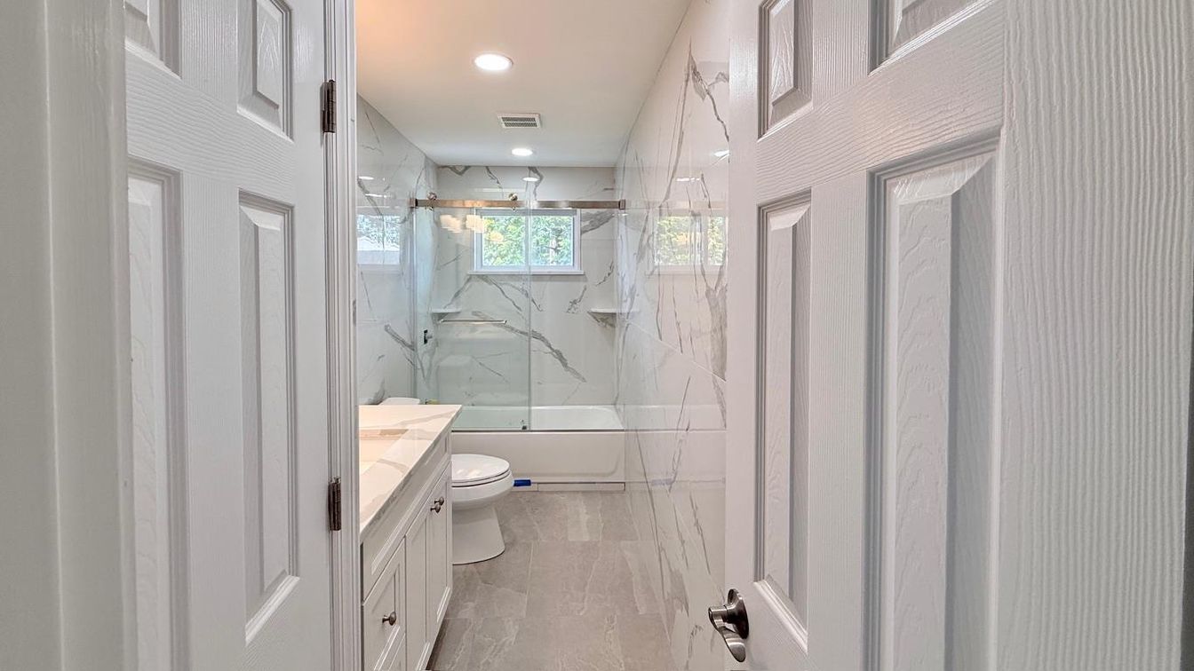 Bathroom, Glass Shower, Interior, Marble Walls, Recessed Lighting
