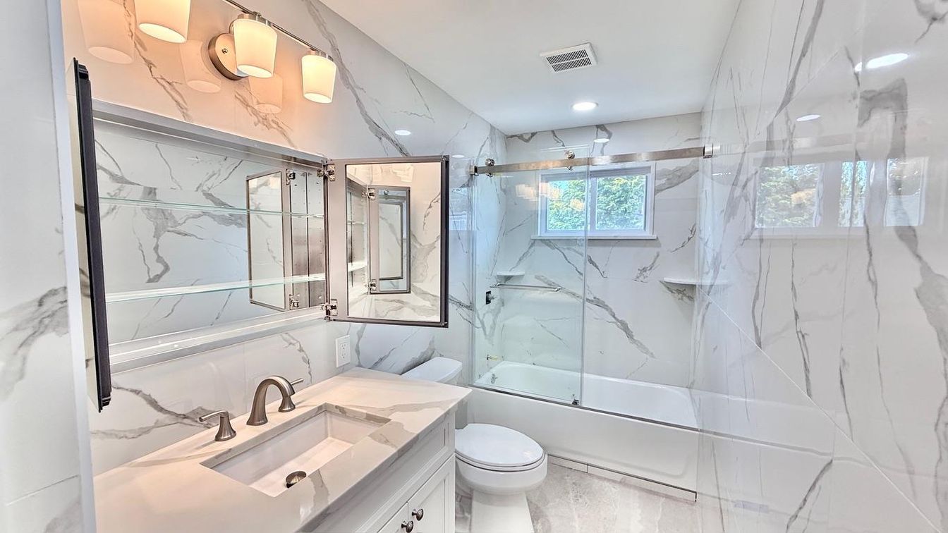 Bathroom, Glass Shower, Interior, Marble, Marble Walls, Recessed Lighting