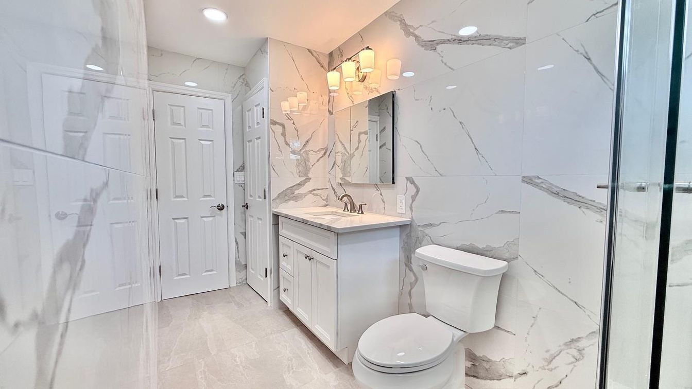 Bathroom, Glass Shower, Interior, Marble Walls, Recessed Lighting