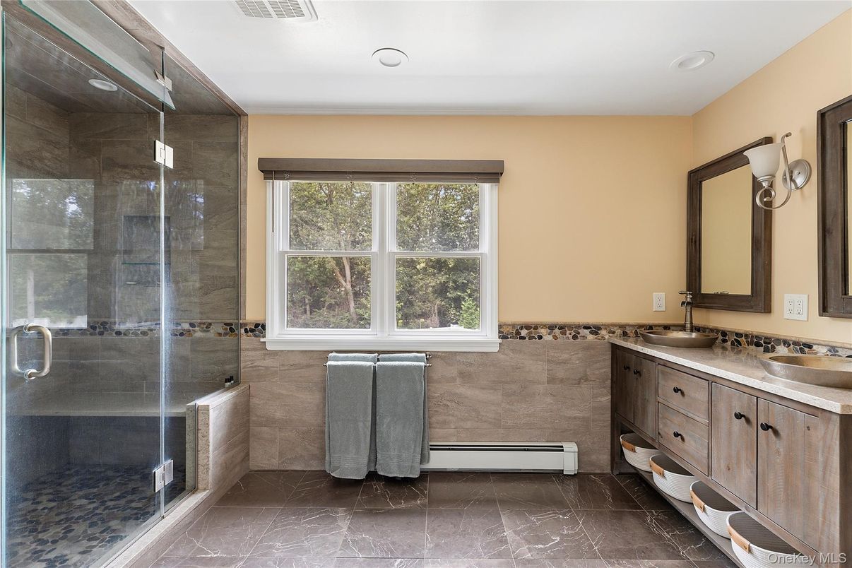 Bathroom, Dual Sink Vanities, Glass Shower, Interior, Recessed Lighting