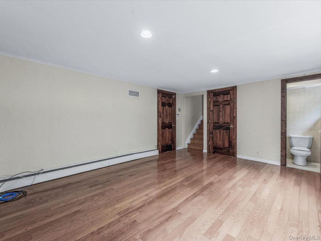 Bathroom, Empty room, Interior, Recessed Lighting, Wood Texture Flooring