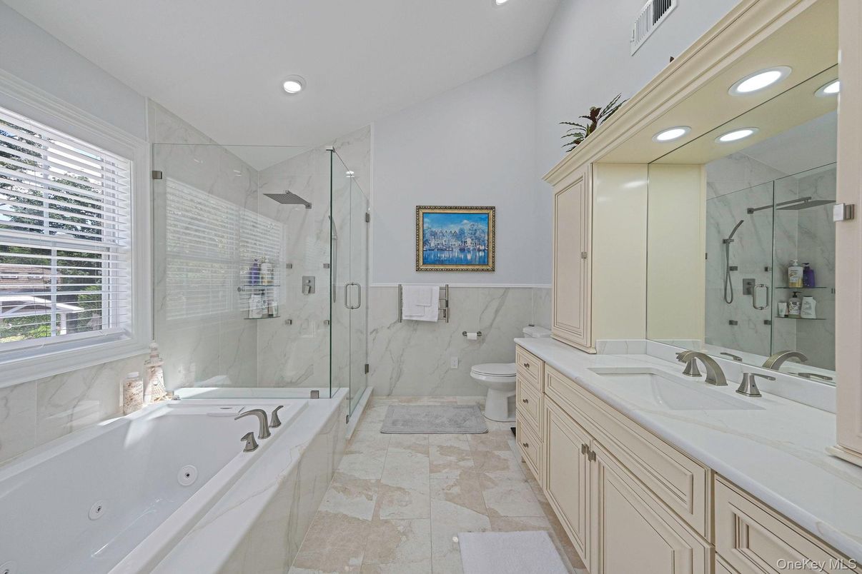 Bathroom, Glass Shower, Interior, Marble Walls, Recessed Lighting