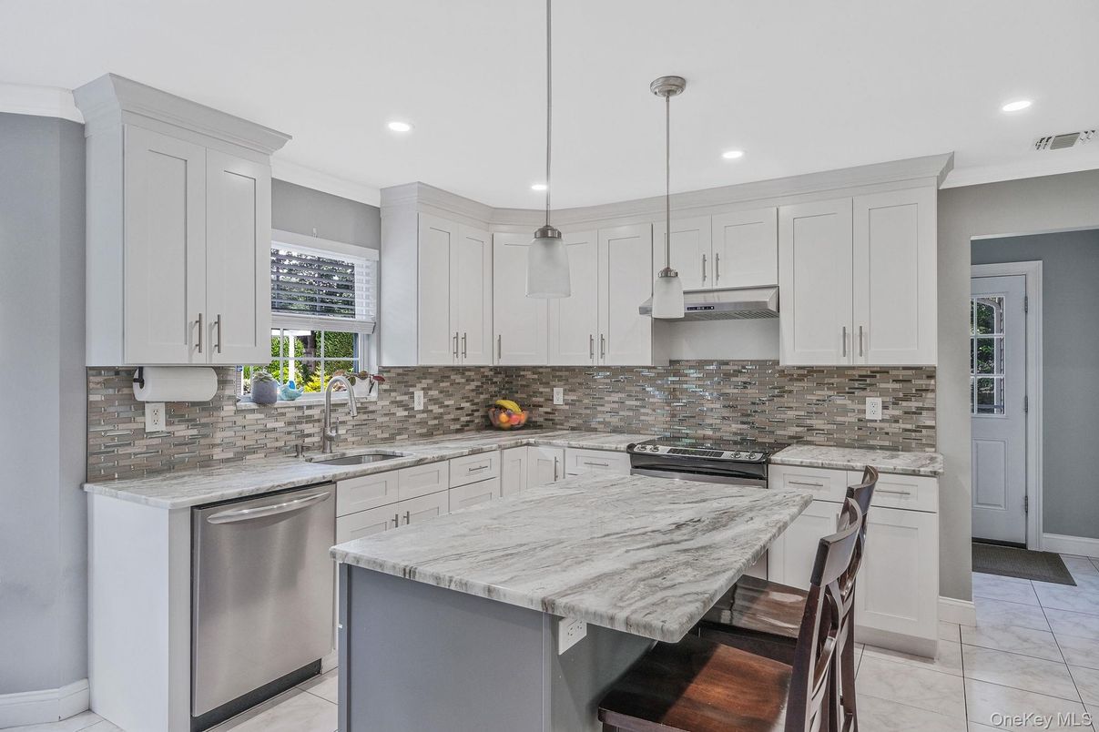 Interior, Kitchen, Marble, Pendant Lights, Recessed Lighting, Stainless Steel Appliances