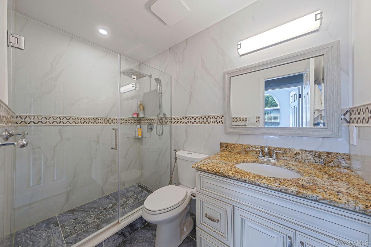 Bathroom, Glass Shower, Interior, Marble Walls, Recessed Lighting