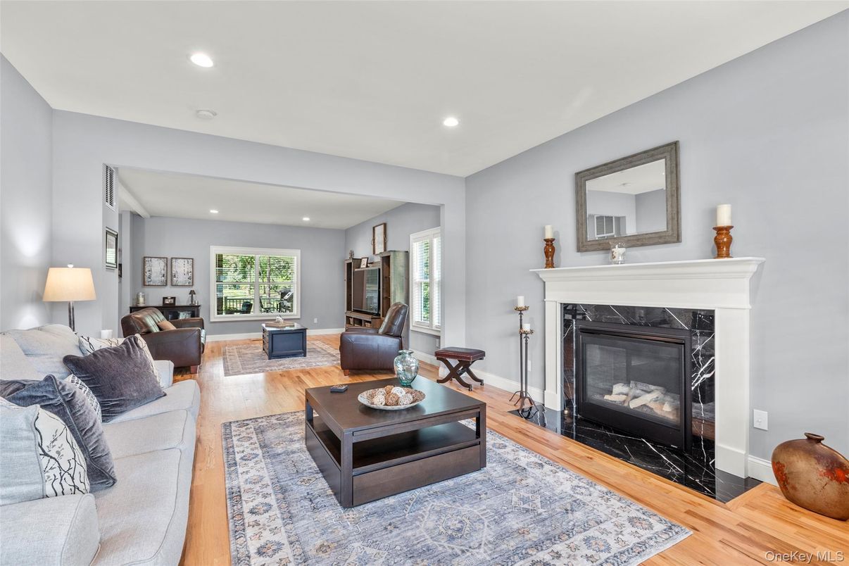 Fireplace, Interior, Living room, Recessed Lighting, Wood Texture Flooring