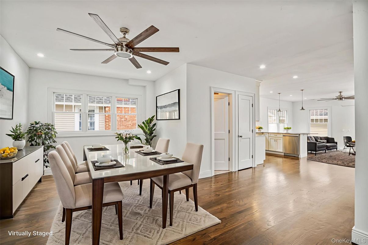 Dining room, Interior, Pendant Lights, Recessed Lighting, Wood Texture Flooring