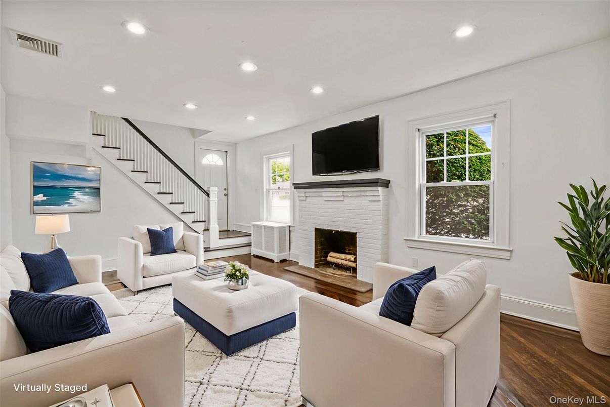 Fireplace, Interior, Living room, Recessed Lighting, Wood Texture Flooring
